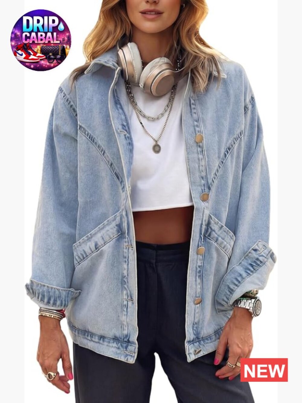 Oversized Denim Shacket with Large Pockets Button Front Long Sleeve
